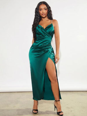Ruby Ruched Split Thigh Satin Cami Dress with Dimante strap