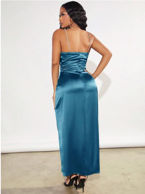 Ruby Ruched Split Thigh Satin Cami Dress with Dimante strap