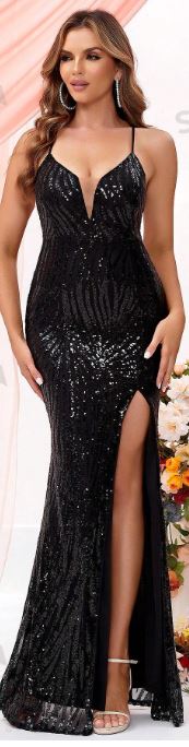 Glittery Sequin Maxi Dress With High Slit Hem