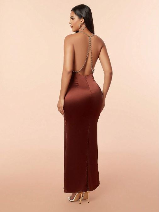Audrey Backless Detachable Metallic Chain Strap Slit Cami Dress - Bella Bridesmaids Audrey Backless Detachable Metallic Chain Strap Slit Cami Dress - Bella Bridesmaids
