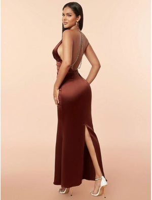 Backless Detachable Metallic Chain Strap Slit Cami Dress