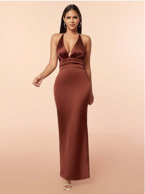 Audrey Backless Detachable Metallic Chain Strap Slit Cami Dress