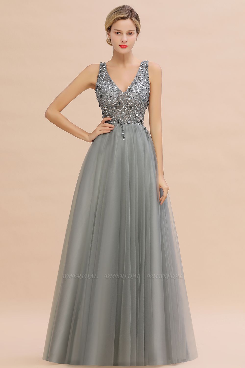 Faith  V-Neck Sleeveless Long Tulle Evening Gown With Crystals