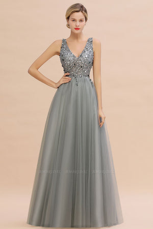 Glamorous V-Neck Sleeveless Long Tulle Evening Gown With Crystals