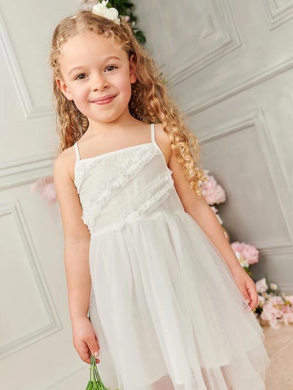 Flower Girls Frill Trim Mesh Overlay Cami Dress