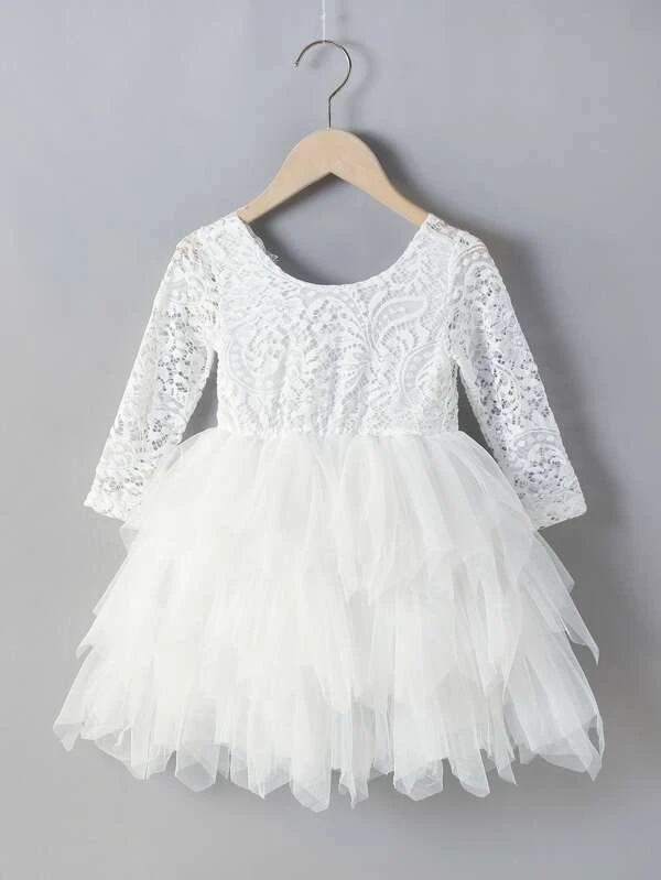 Flower Girls Lace And Mesh V-back Layered Dress