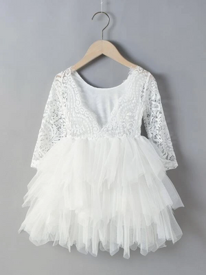 Flower Girls Lace And Mesh V-back Layered Dress