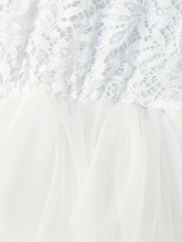 Flower Girls Lace And Mesh V-back Layered Dress