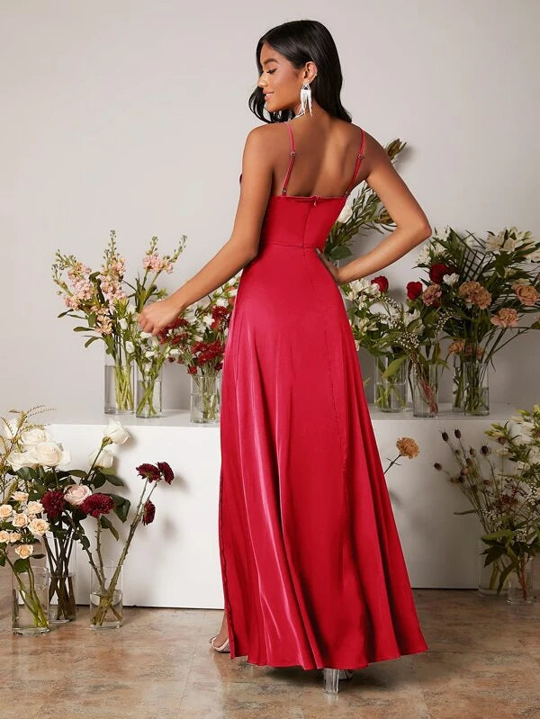 Plunging Neck Wrap Hem Satin Cami Dress