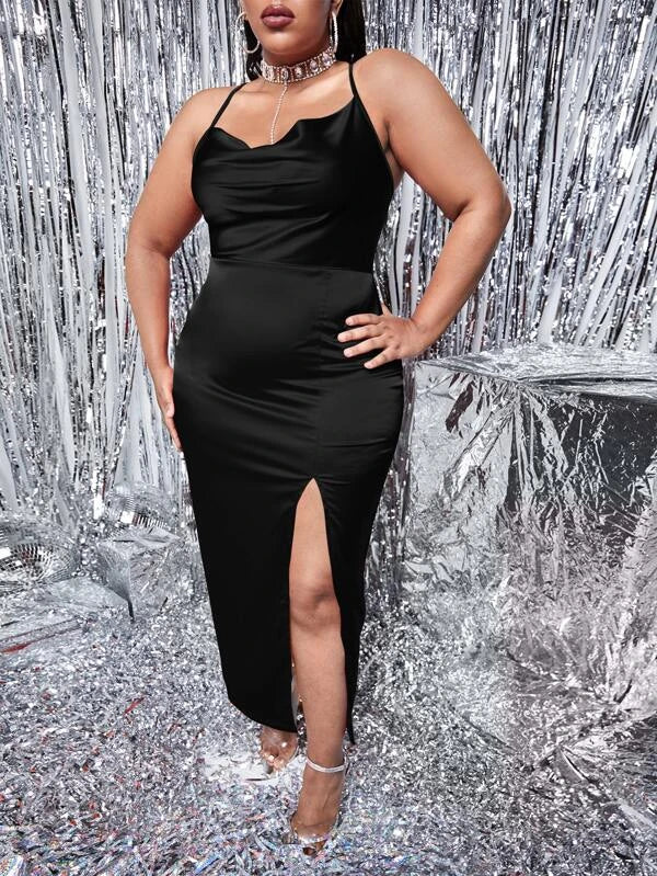Chelsea Draped Collar Slit Thigh Lace Up Backless Satin Cami Dress