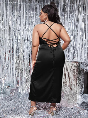 Draped Collar Slit Thigh Lace Up Backless Satin Cami Dress