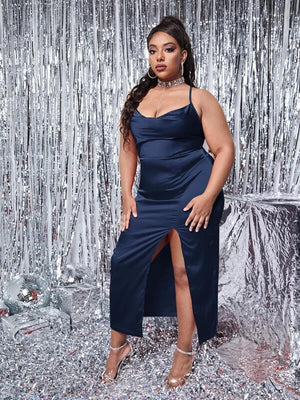 Chelsea Draped Collar Slit Thigh Lace Up Backless Satin Cami Dress