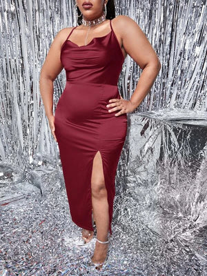 Chelsea Draped Collar Slit Thigh Lace Up Backless Satin Cami Dress