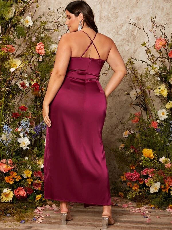 Talia Split Thigh Crisscross Wrap Satin Dress