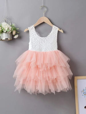Girls Lace Bodice Layered Mesh Hem Dress