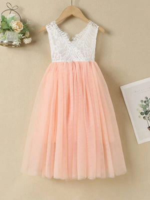 Girls Contrast Lace Bodice Flared Mesh Hem Dress