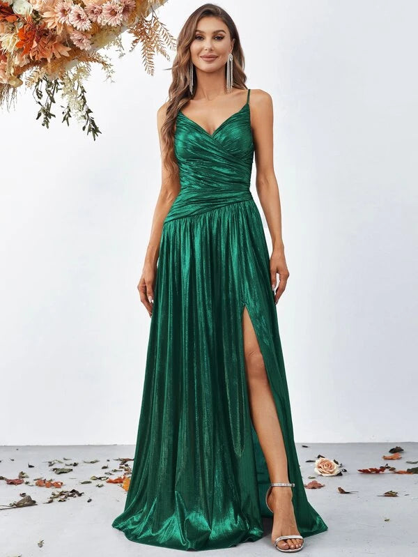 Pearl Ruched Split Thigh Metallic Cami Dress