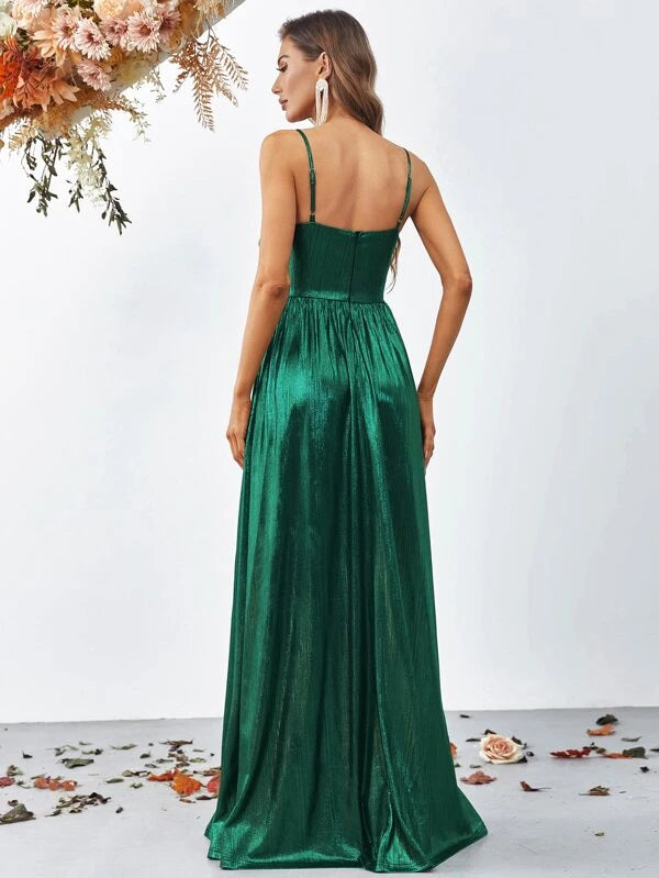 Pearl Ruched Split Thigh Metallic Cami Dress