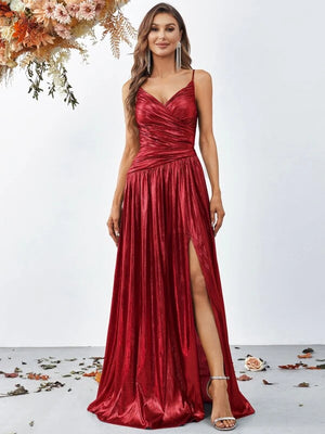 Pearl Ruched Split Thigh Metallic Cami Dress