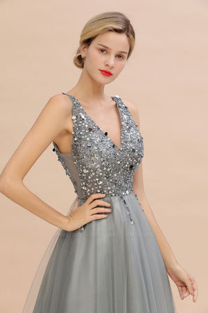 Faith  V-Neck Sleeveless Long Tulle Evening Gown With Crystals