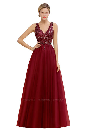 Glamorous V-Neck Sleeveless Long Tulle Evening Gown With Crystals