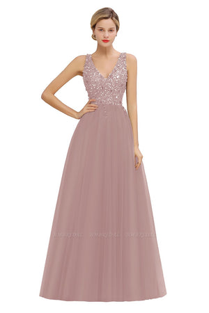 Glamorous V-Neck Sleeveless Long Tulle Evening Gown With Crystals