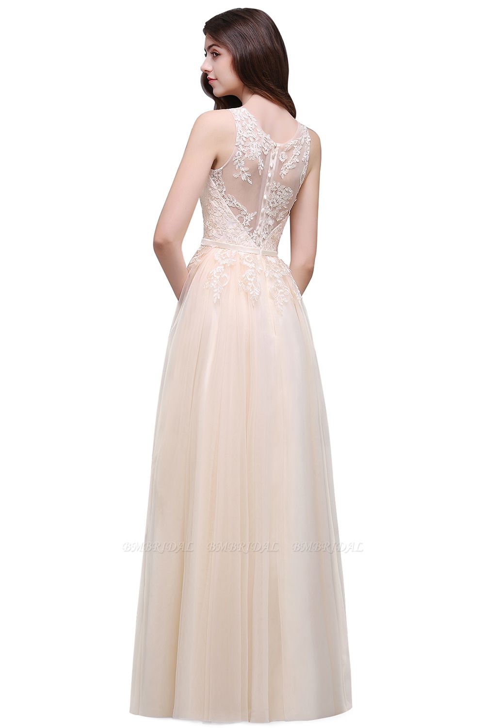 Lacey Sleeveless Long Tulle Ivory Wedding Dress