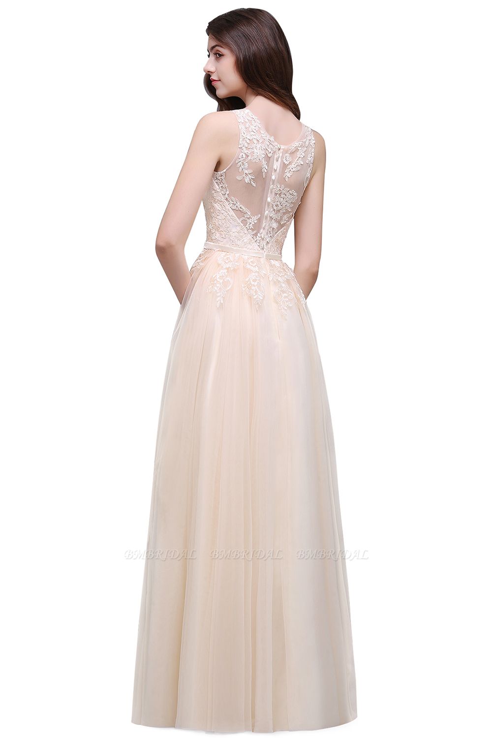 Lace Sleeveless Long Tulle Ivory Wedding Dress