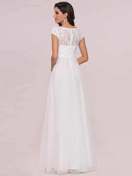 Cindy Cap Sleeve Lace V-Neck Long A-line Wedding Dress
