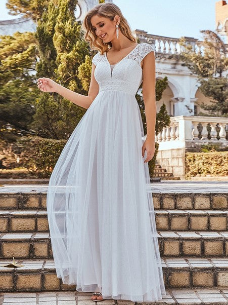 Cindy Cap Sleeve Lace V-Neck Long A-line Wedding Dress