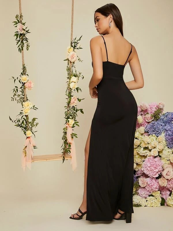 Notched Neck Slit Thigh Cami Ball Dress