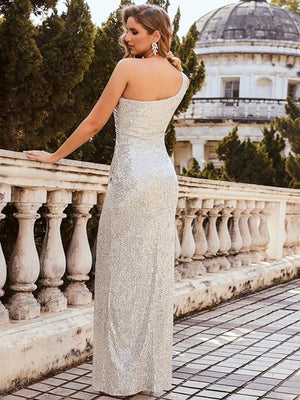 Sexy One Shoulder Sequin Evening Dress with Side Split
