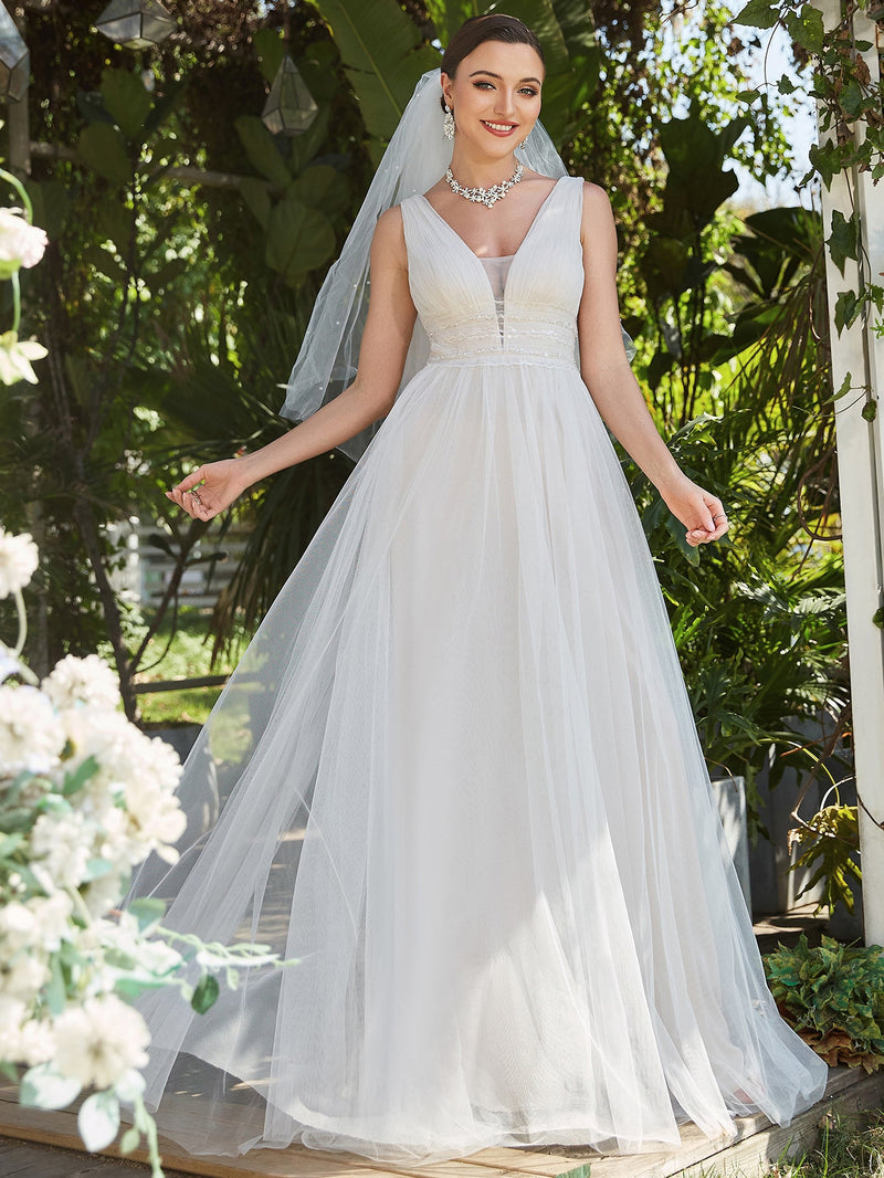 Becky A Line Sleeveless Wedding Dress with Deep V Neck