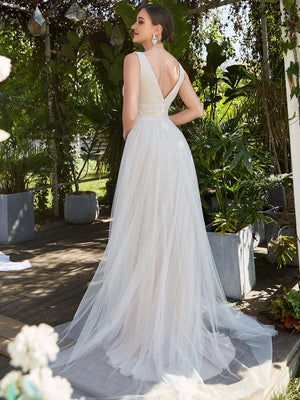 Becky A Line Sleeveless Wedding Dress with Deep V Neck