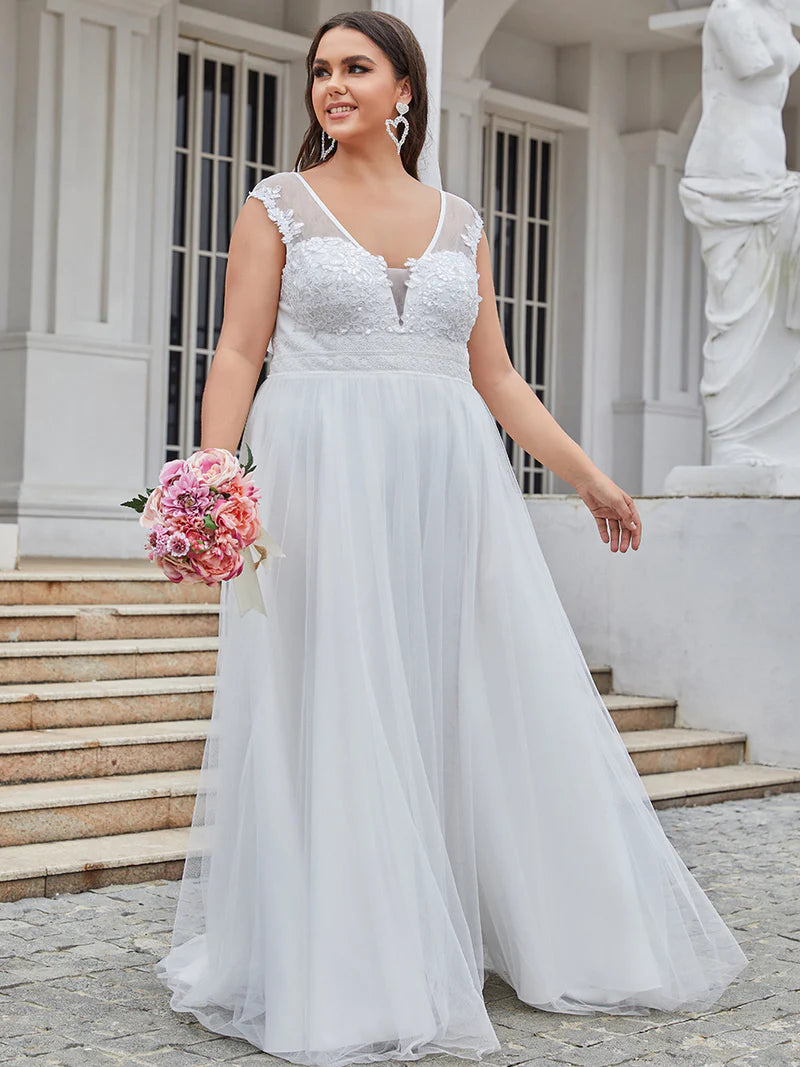 Sleeveless Deep V Neck Floor Length Wedding Dress