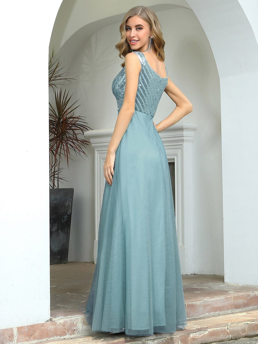 V Neck A-Line Sequin Bodice evening Dress