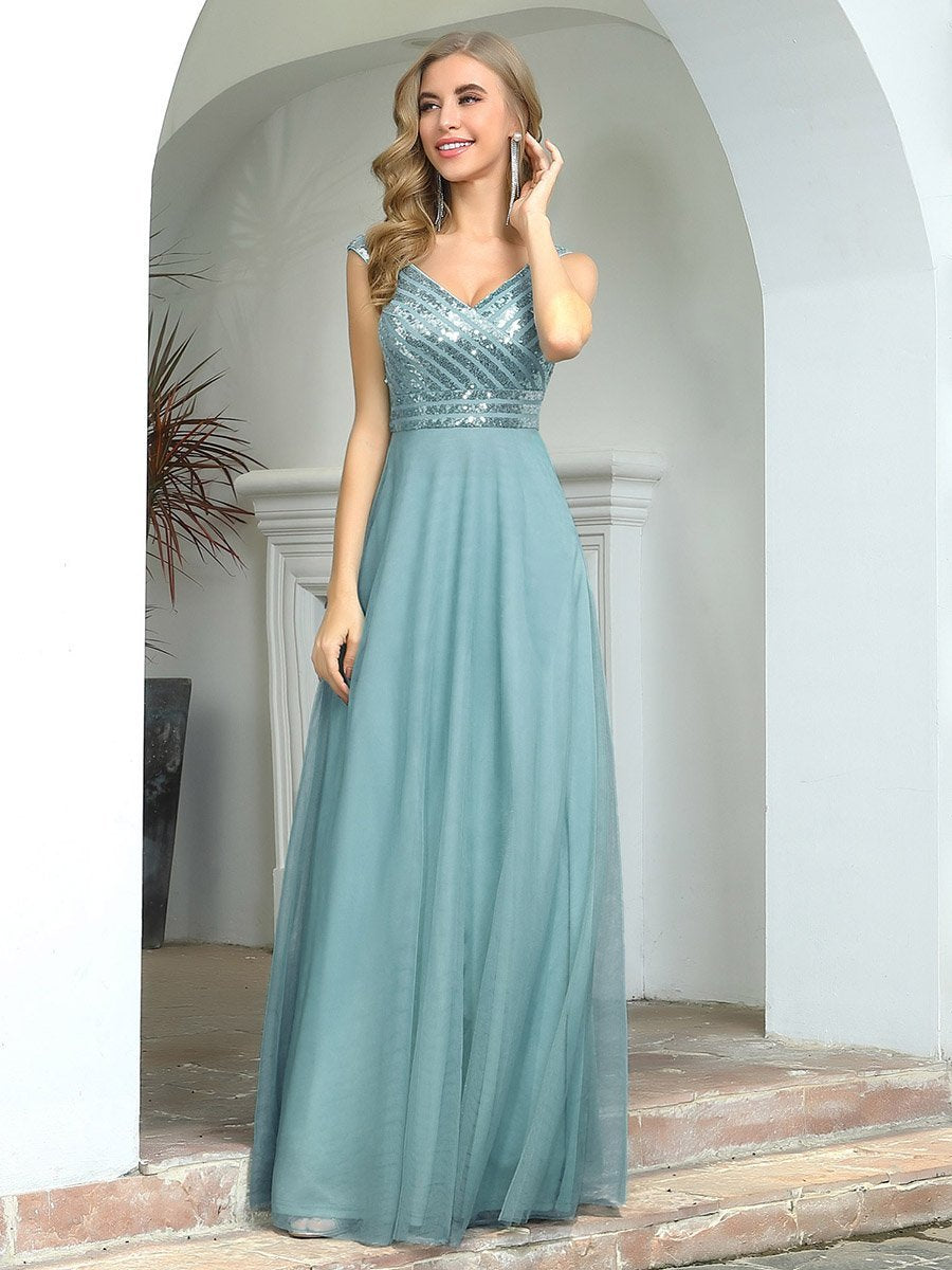 V Neck A-Line Sequin Bodice evening Dress