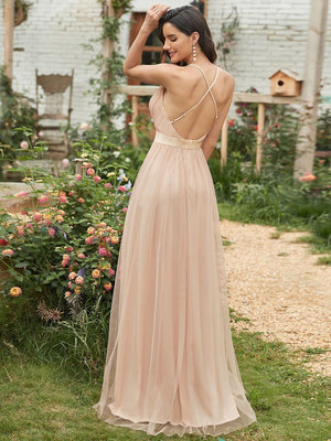 Sadie Sexy Floor Length Deep V-neck A-line Tulle Backless Dress