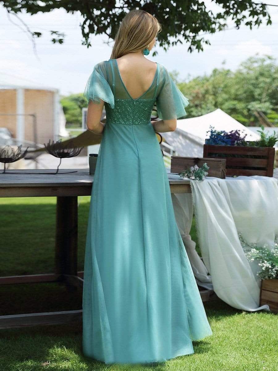 Sweet Deep V-neck Short Ruffles Sleeves A-line Tulle Bridesmaids Dress