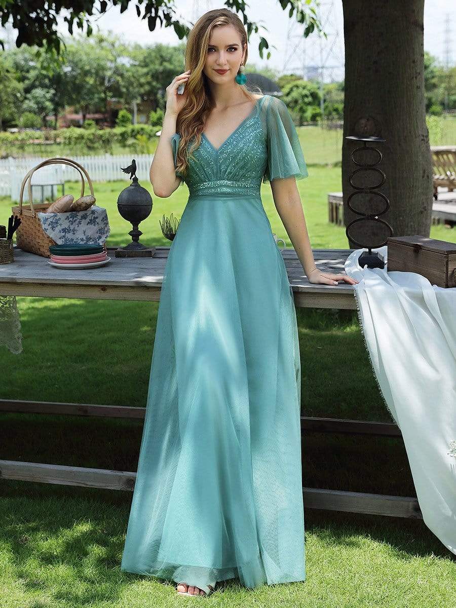 Sweet Deep V-neck Short Ruffles Sleeves A-line Tulle Bridesmaids Dress