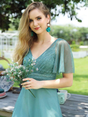 Sweet Deep V-neck Short Ruffles Sleeves A-line Tulle Bridesmaids Dress