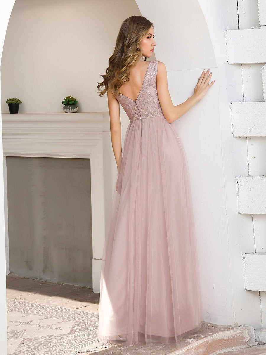 Double V Neck Tulle Bridesmaid Dress