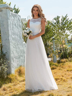Plain Round Neck Sleeveless Lace & Tulle Wedding Dress