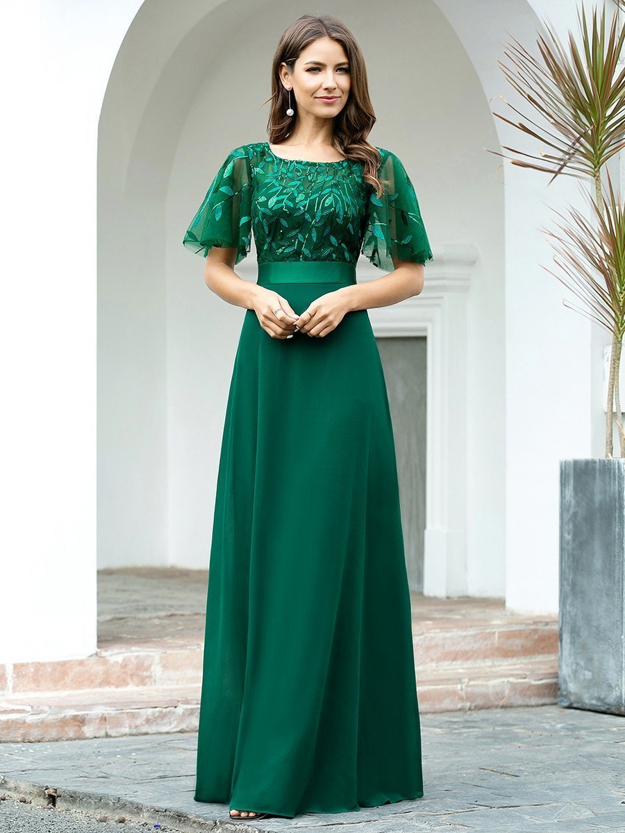 Romantic Round Neck Ruffle Sleeves Bridesmaids Dress