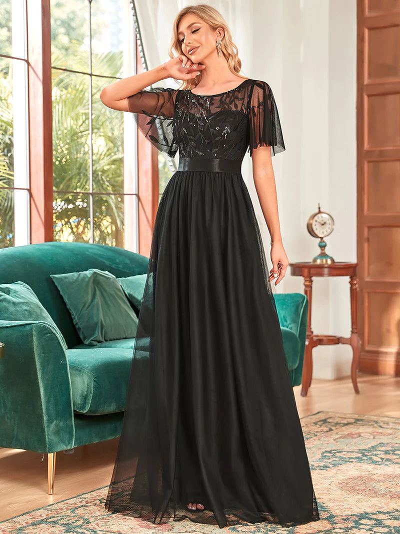 Lulu Sequin Print Maxi Long Evening Dresses with Cap Sleeve Bella Bridesmaids