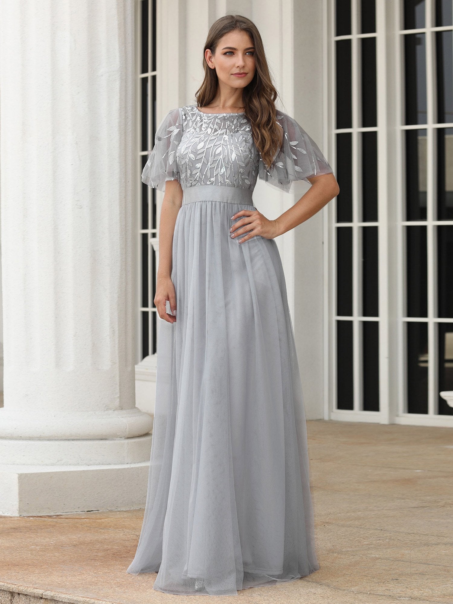 Lulu Sequin Print Maxi Long Bridesmaids Dress with Cap Sleeve - Bella Bridesmaids Lulu Sequin Print Maxi Long Bridesmaids Dress with Cap Sleeve - Bella Bridesmaids