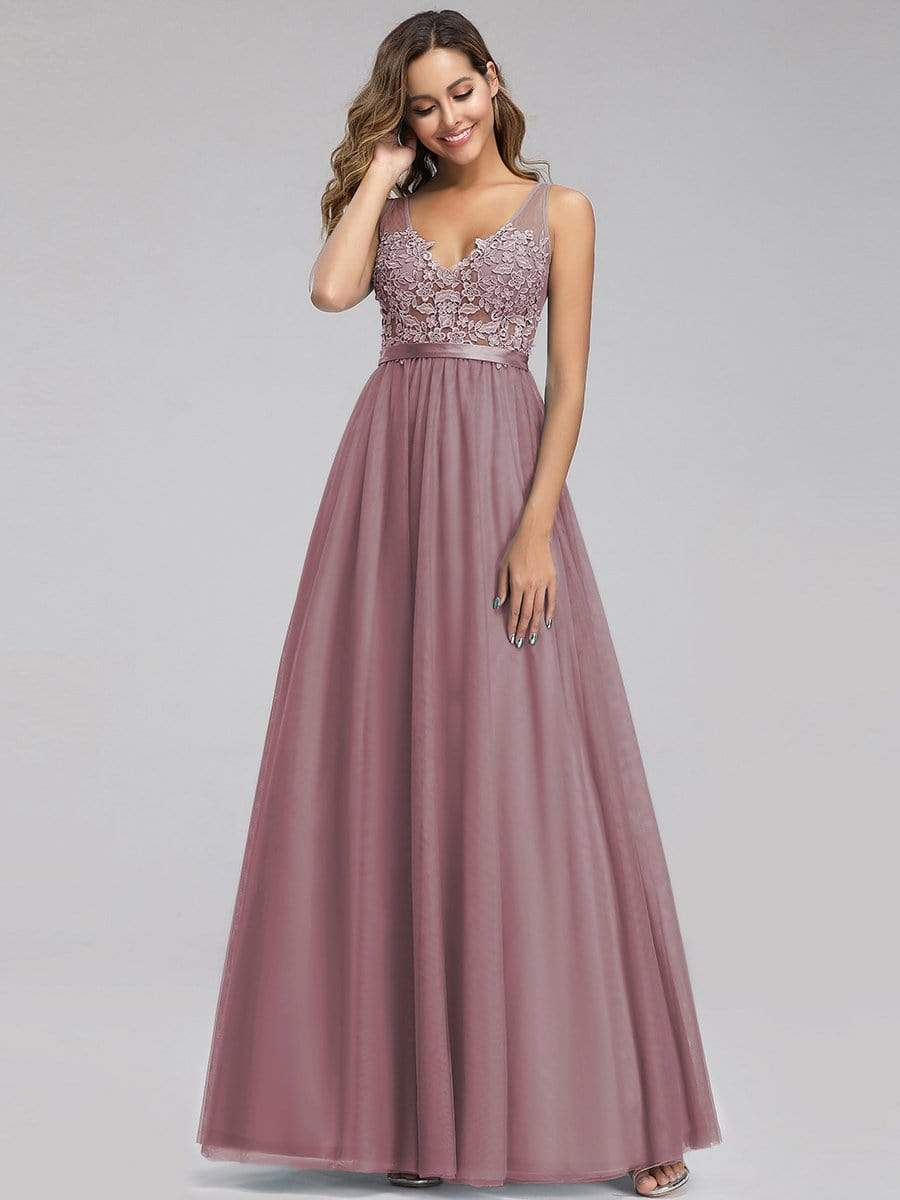 A-Line V-Neck Floral Lace Appliques Bridesmaid Dress
