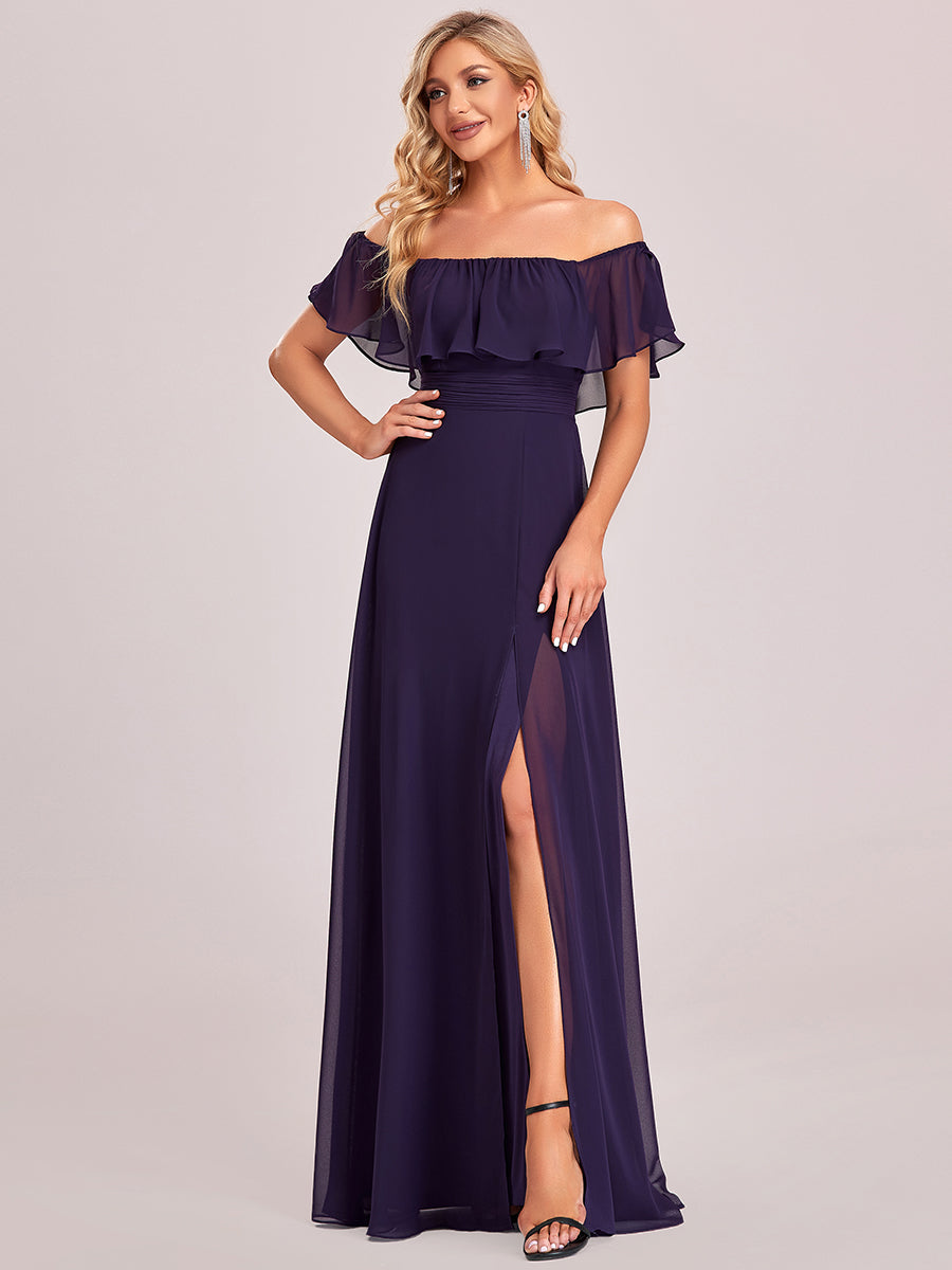 Mia Off Shoulder Ruffle Thigh Split