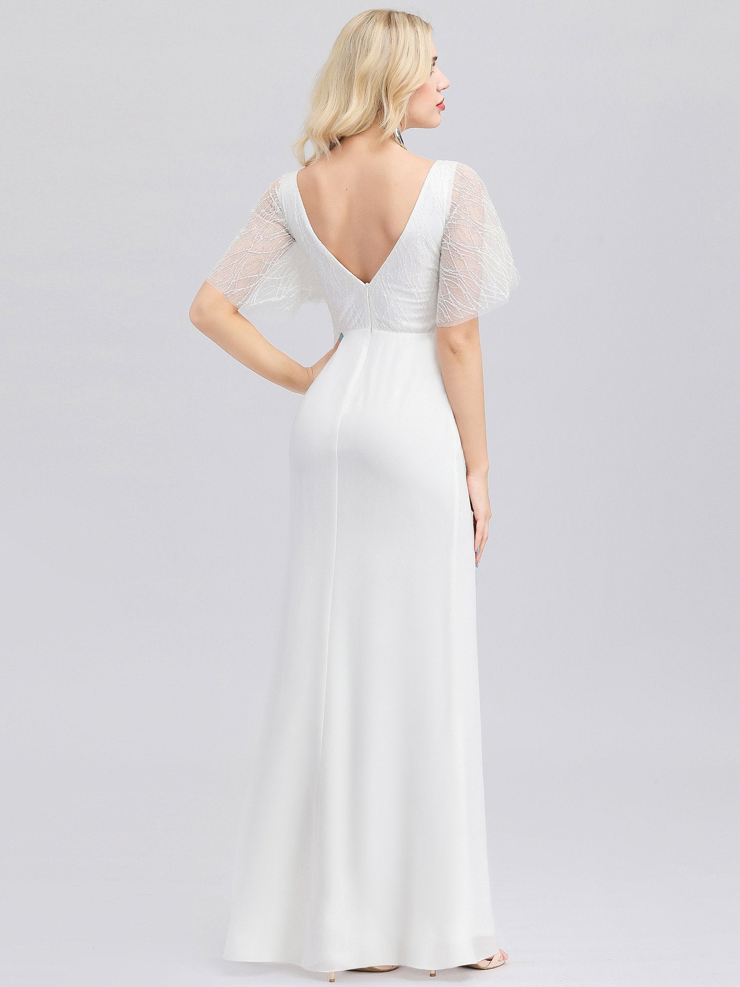Double V Neck Wedding Dress with Short Sleeve