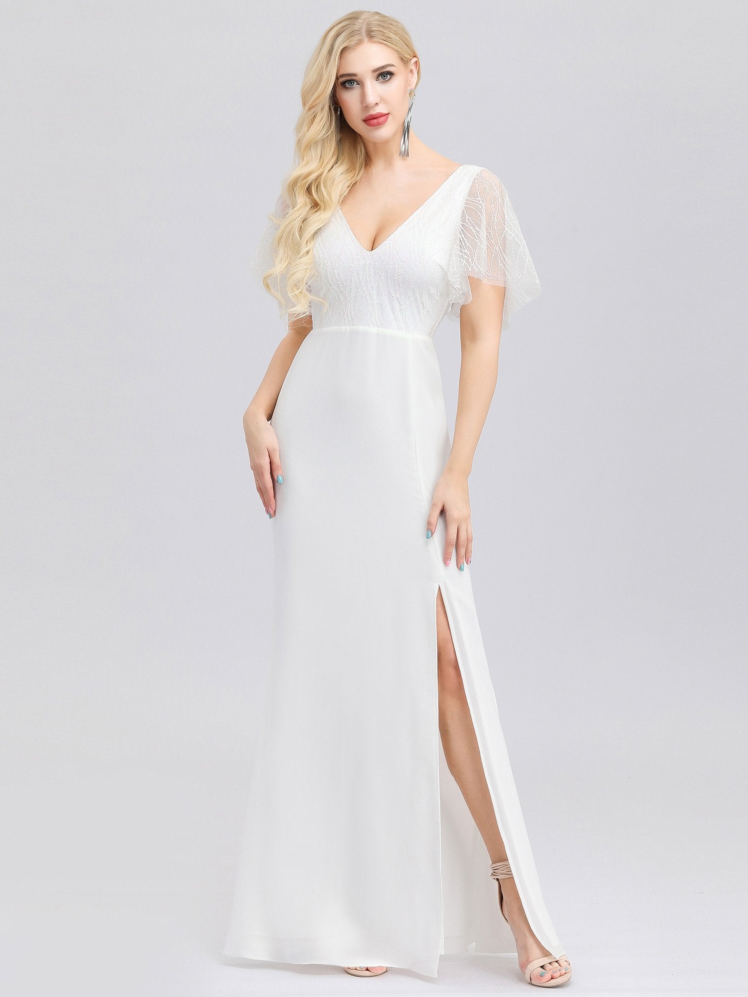 Double V Neck Wedding Dress with Short Sleeve